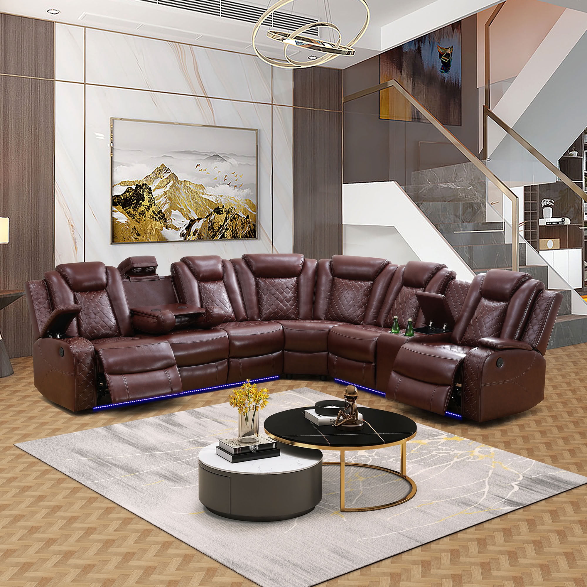 MAYEERTY Power Reclining Sectional Sofa, L-Shape Recliner with Wireless Charging and LED Lights, for Living Room, Home Theater