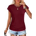 thumbnail image 2 of Hauts d'Été pour Femmes à Manches Courtes avec Fronces, T-Shirts à Col Rond, Mode Rouge Vin TTG, 2 of 6