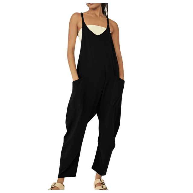 TrendOFT Womens Casual Summer Jumpsuit Fashion Yoga Square Neck Spaghetti Strap Rib Sleeveless Solid Athletic Womens Rompers One Piece Overalls Black XXL