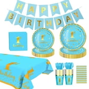 Kicpot 162 Piece Baby MMF71st Birthday Decorations for Boy, First Birthday Party Supplies Plates Birthday Party Dessert Forks for 1st Birthday Party( Blue)