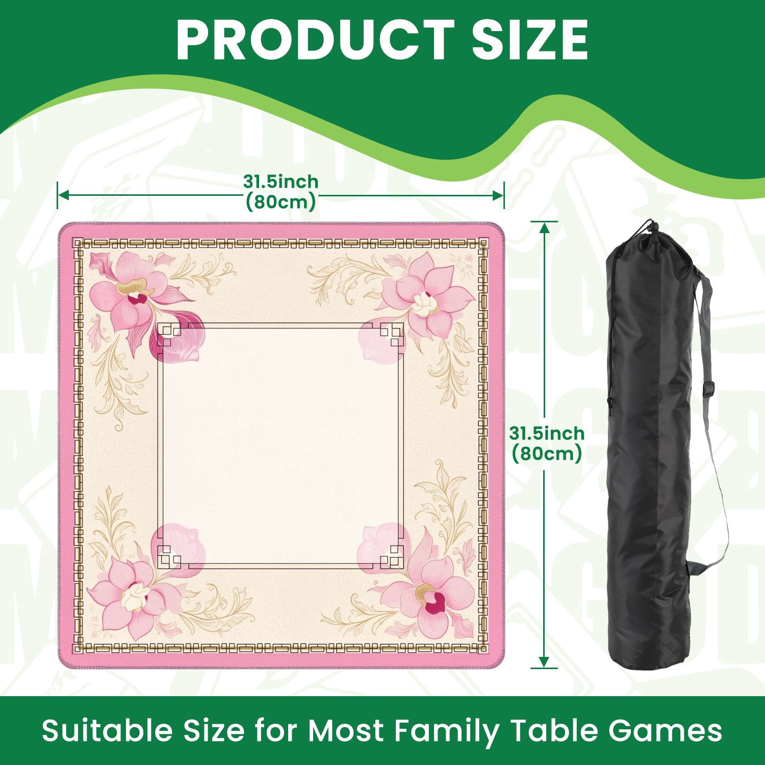 Mahjong Mat 31.5" x 31.5" Pink Floral Corner Frame Elegant Swirls Soft Pastel Design Non-Slip Noise Reduction American Mahjong Tiles Table Cover for Dominoes Poker Card Board Games Gift