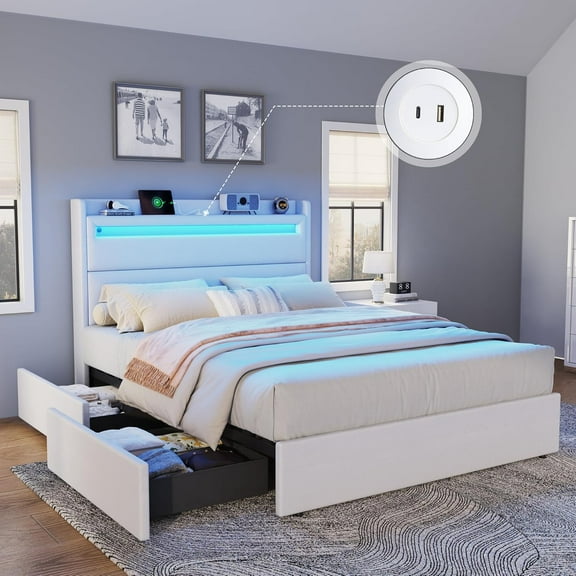Merluxy Queen Size Upholstered Bed Frame with LED Storage Headboard, 4 Foldable Storage Drawers & Charging Station, White