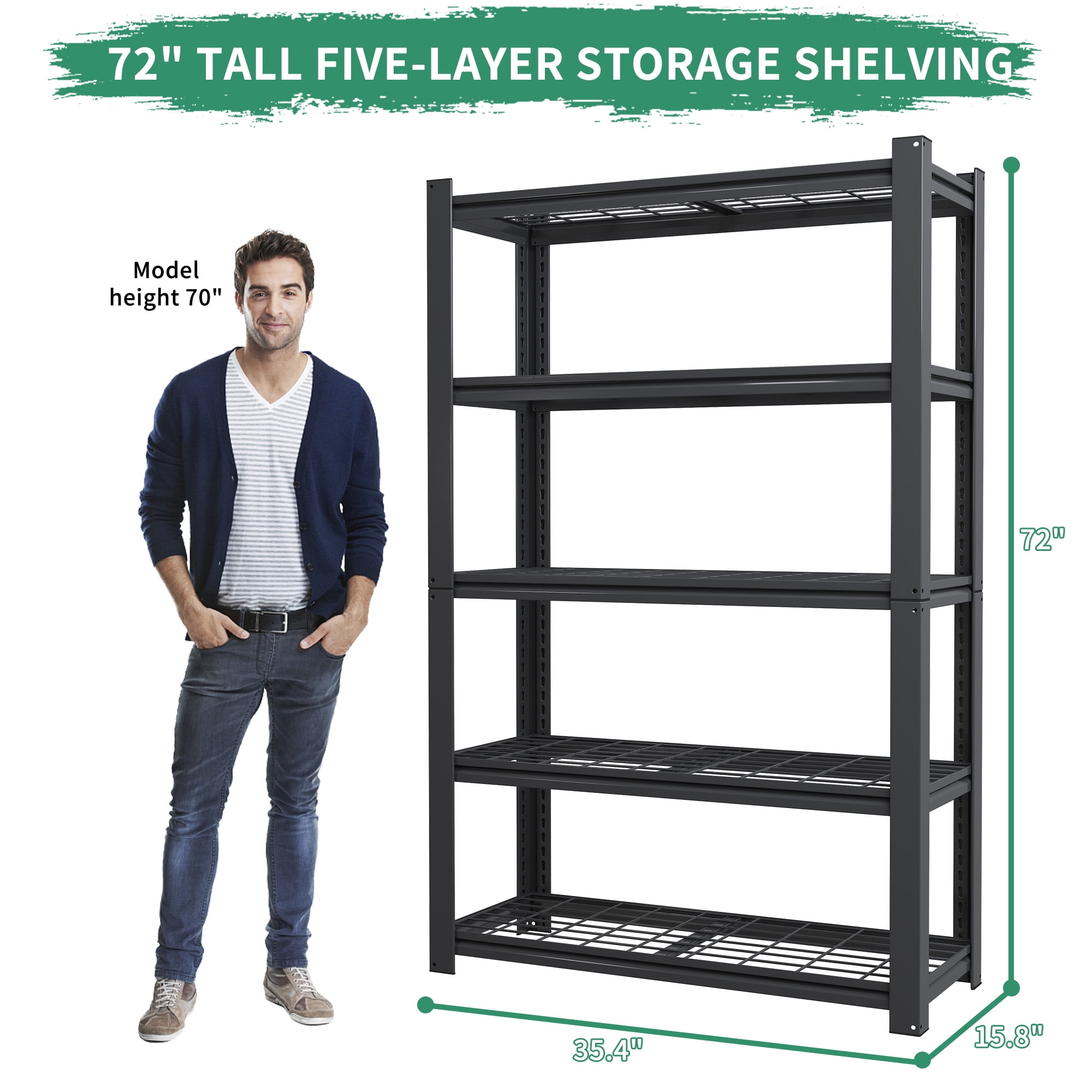 Xiweot 5-Tier Heavy Duty Metal Storage Shelving,2000lbs Capacity Adjustable Industrial Metal Shelving Unit,Freestanding Storage Rack for Garages,Warehouses,Warehouses,35.4"W x 15.7"D x 72"H