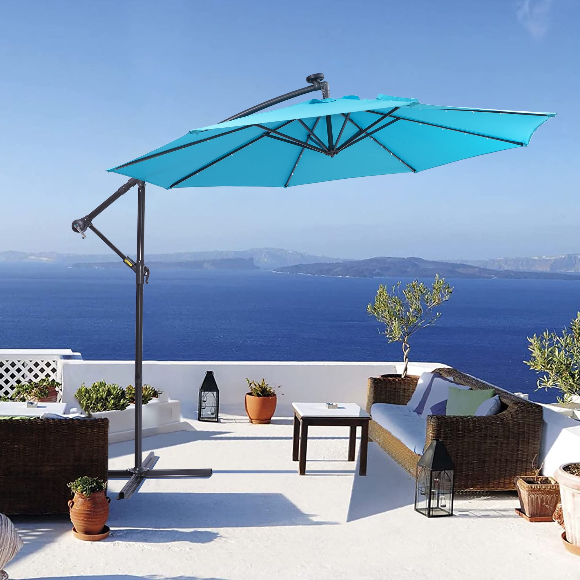 BAOTING 10 FT Solar LED Patio Outdoor Umbrella Hanging Cantilever Umbrella Offset Umbrella Easy Open Adustment with 32 LED Lights