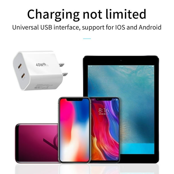 Cargador rápido dual PD 20W USB C Multi-Protección AC 100-240V para iPhone Samsung
