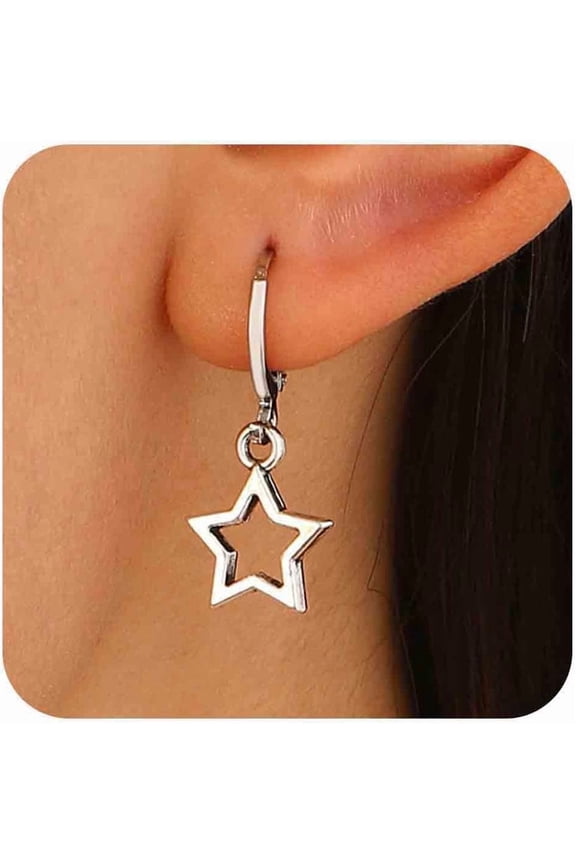 Boho Hollow Star Dangle Earrings Silver Star Huggie Hoop Earrings Outline Star Earrings Cut Out Star Drop Earrings Jewelry for Women