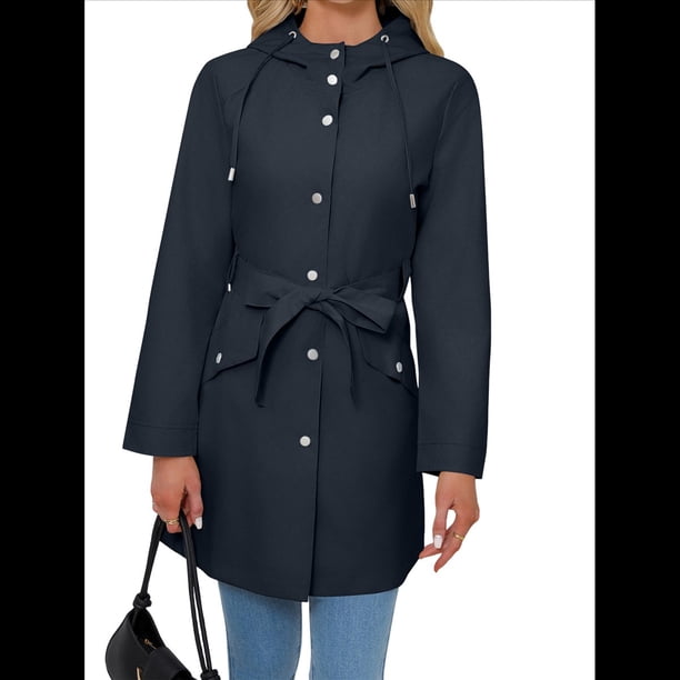 Chaqueta Impermeable con Capucha Clásica para Mujer, con Cinturón y Cordón para Actividades Al Aire Libre, Cortavientos Azul Oscuro XXXL