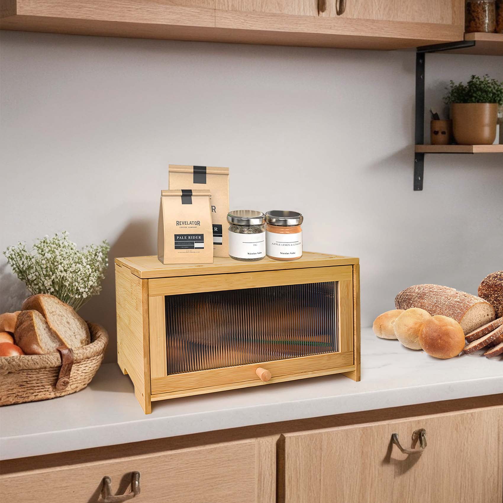 thovorrnl Bread Box for Kitchen Countertop with Removable Cutting Board, Farmhouse Bamboo Bread Storage Container, 15.7” x 9.8” x9.2”