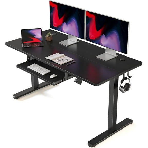 FEZIBO Height Adjustable Electric Standing Desk with Keyboard Tray, 55 x 24 Inches Stand up Table, Sit Stand Home Office Desk with Splice Board, Black Frame/Black Top