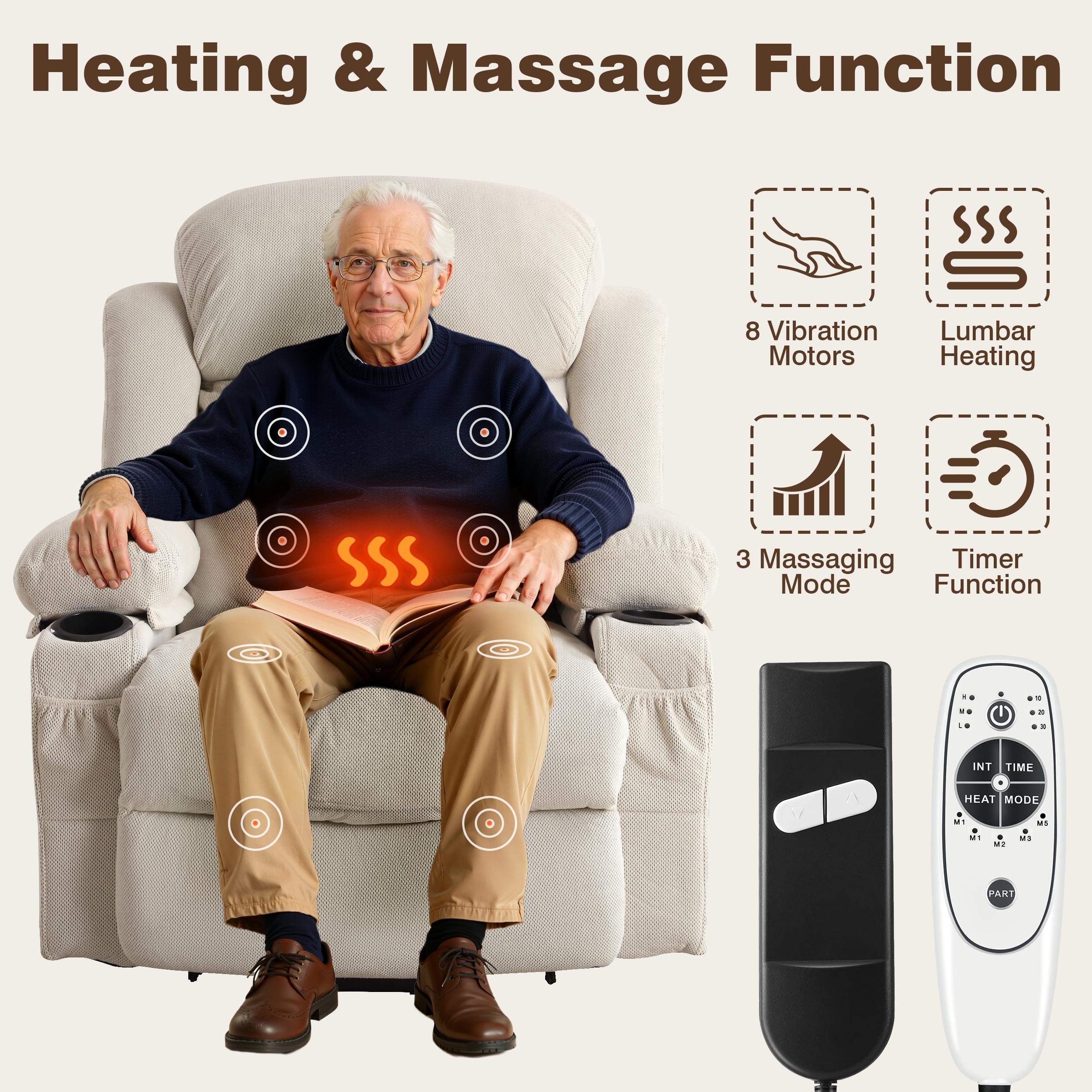 Lift Chair for Elderly, Power Lift Recliner Chair with Heat and Massage, 24.5" Oversized Massage Recliner for Living Room with Remote Control, Cup Holders, Easy Stand, 350lbs Capacity, Beige