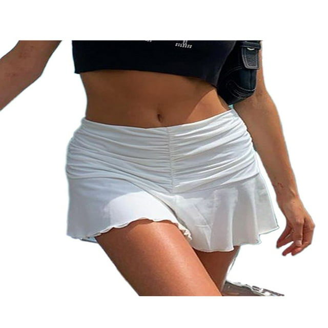 Femmes Robe Plissée Dame Volant Solide Mini Jupe Été Bas Filles Mini Jupe Eau Rose S