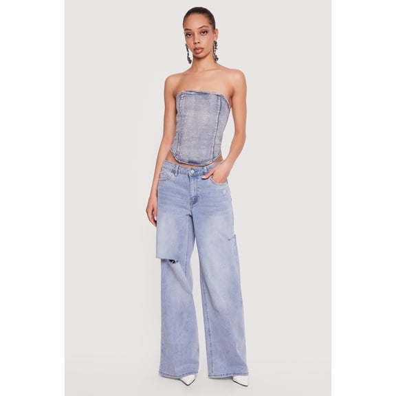 Women's Rhinestone Studded Denim Lace Up Back Cropped Corset Top