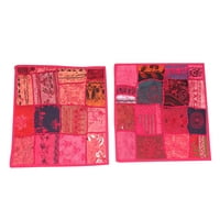 Mogul 2 Indian Sofa Cushion Covers Embroidered Patchwork Pink Bohemian Pillow Cases 16x16