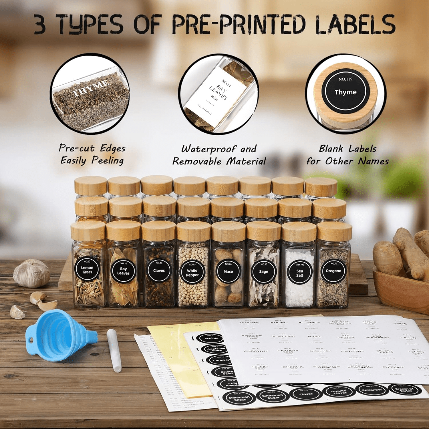 CycForge 24 Pcs Spice Jars with Lids and Labels,4 oz Empty Spice Containers Bottles for Pantry,Cabinet, Drawer, with Collapsible Funnel