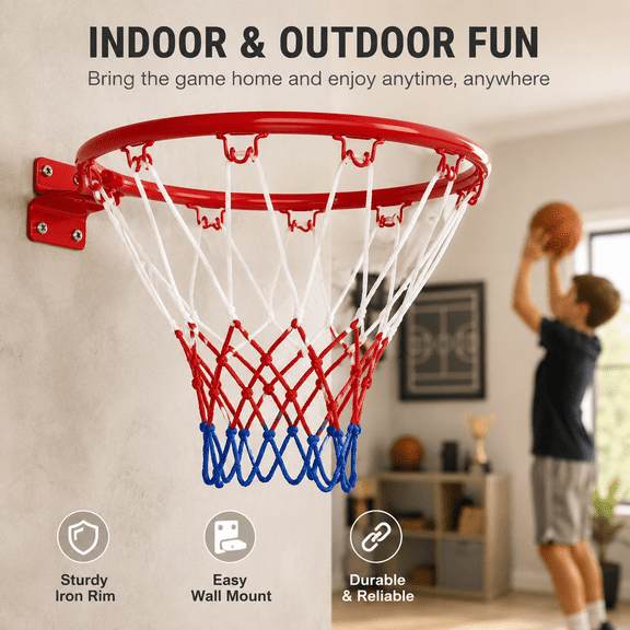 Hanging Basketball Hoop - 12.6 Inches Diameter Rim with Durable Net, Wall-Mounted Indoor Outdoor Portable Toy for Teens, Easy to Install, 12.6in/32cm