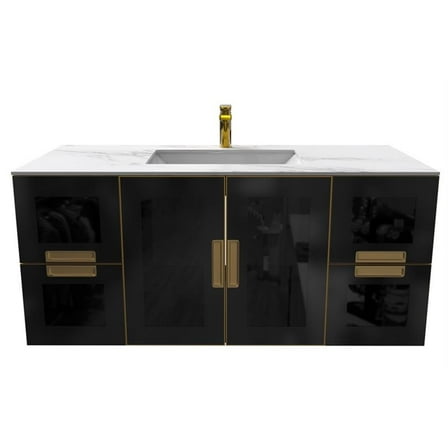 Solaria 48" Wall Mounted Blue Vanity Set in White Porcelain Top - Gold Handles