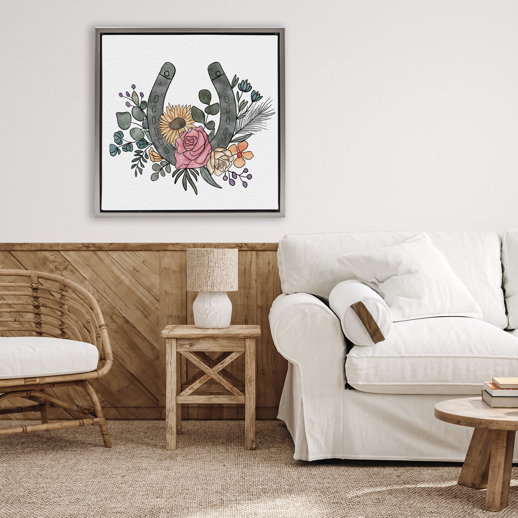 Stupell Industries Boho Floral Horseshoe Gray Framed Floater Canvas Wall Art, design by Alisha Kiara Design