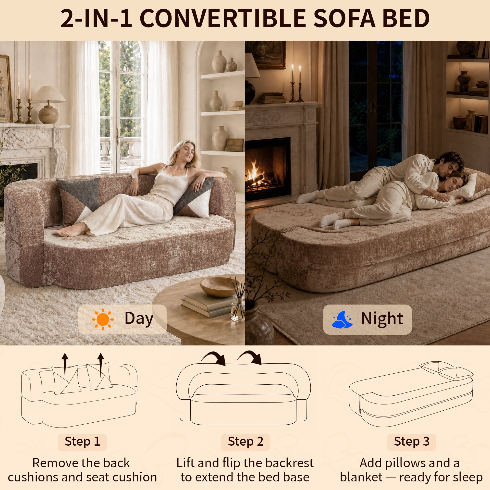78.74"W Eggshell Convertible Sofa,Floor Couch,Sleeper Sofa Bed,No Assembly High-Density Sponge Loveseat with 2 Pillows for Living Room, Apartment,Small Spaces,Taupe Beige