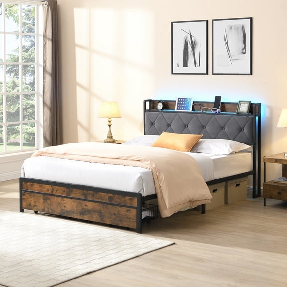 YDSM Full Bed Frame with Storage, Bed Frame with LED Lights Upholstered Headboard and 2 Drawers, USB & Charging Station, No Box Spring Needed, Easy Assembly, Grey