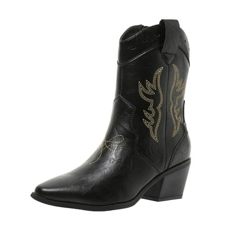 DVKOVI Women Casual Shoes Cowgirl Boots Mid Calf Women High Heel Boots Fashion Vintage Western Denim Pointed Toe Thick Heel Square Heel Comfortable Heel Boots for Women Black 5