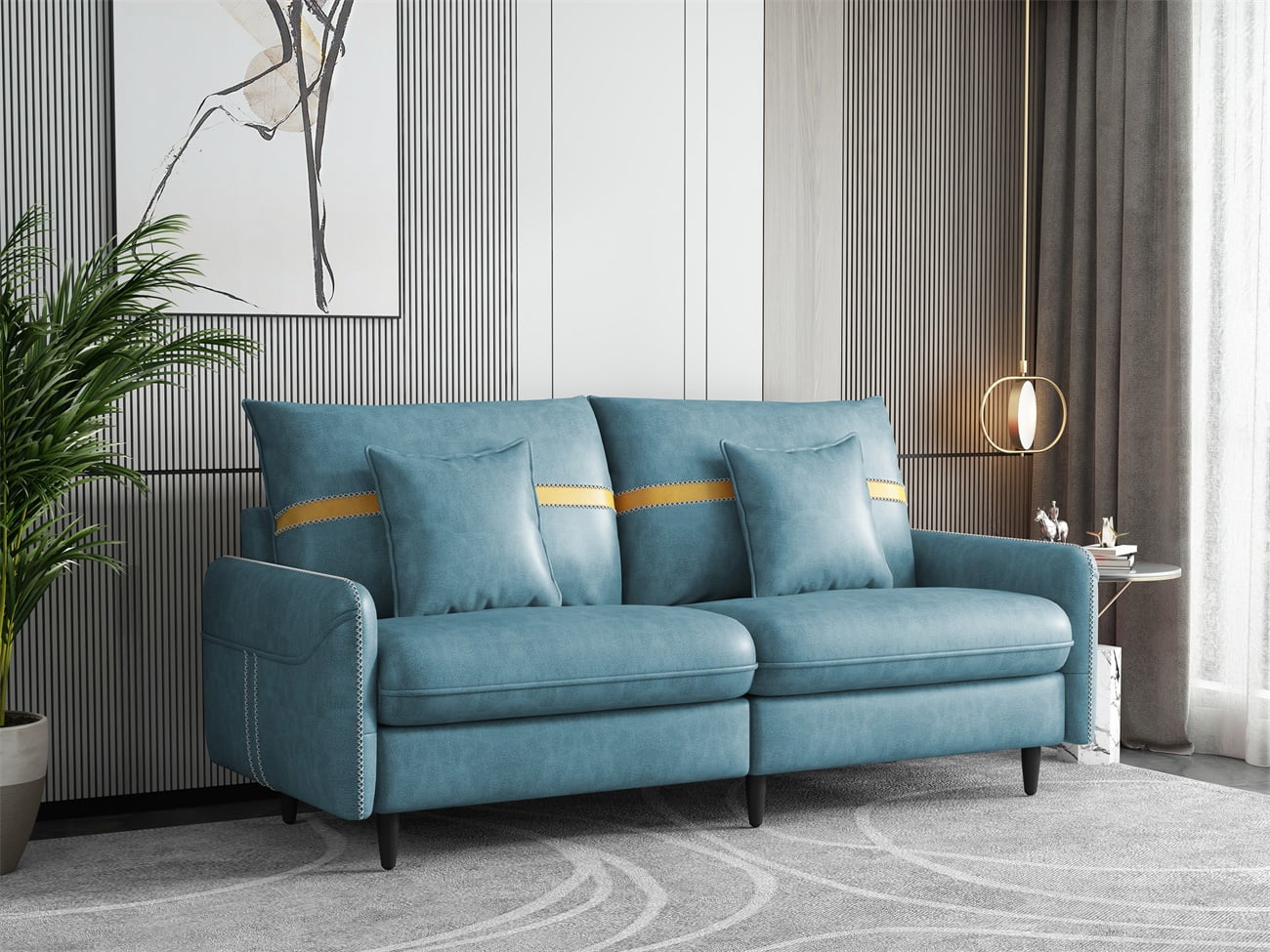 Resenkos 3-Seat Sofa Couch, Tufted Love Seat with 2 Pillows, Blue Resenkos 3-Seat Sofa Couch, Tufted Love Seat with 2 Pillows, Blue