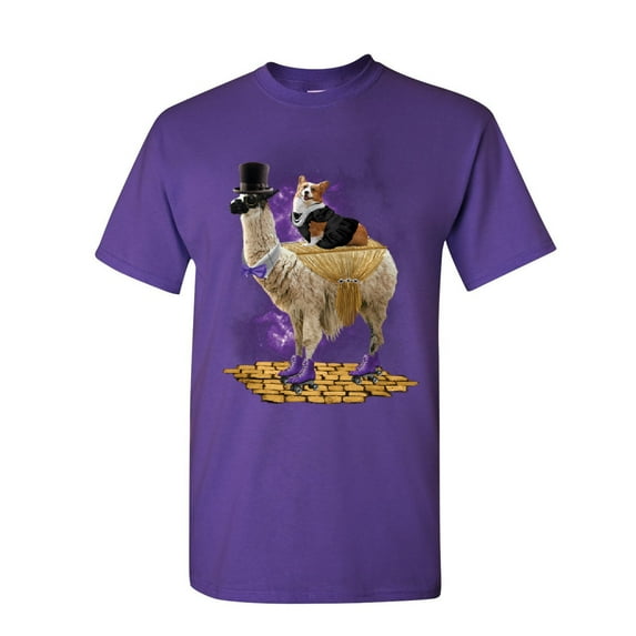 Tee Hunt Corgi Riding a Gentleman Llama T-Shirt Funny Weird Universe Dog Mens Shirt, Purple, Large