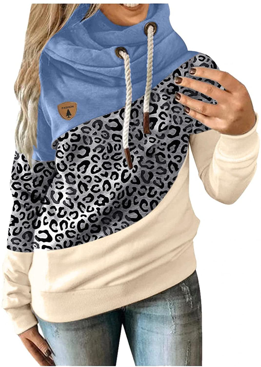 Hoodies Women Cowl Neck Long Sleeve Cat Print Pullover Hoodie Sweatshirts Tops with Kanga Pockets 