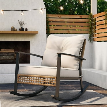 LAUSAINT HOME Outdoor Rocking Chair, Patio PE Rattan Chair with Beige Cushions