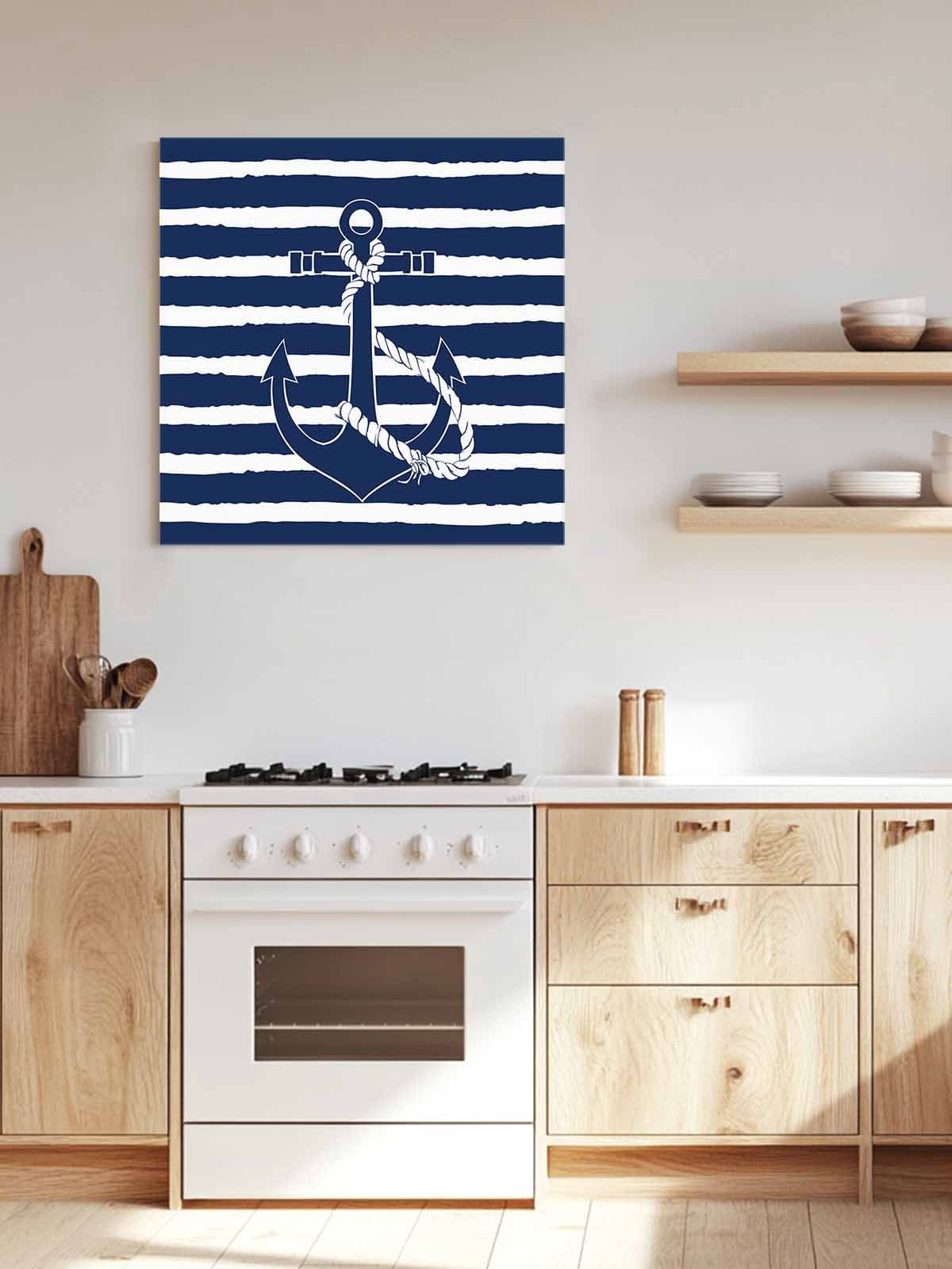 Nautical Canvas Wall Art, Navy Blue and White Striped Retro Anchor Framed Wall Decor Modern Artwork Prints Painting for Living Room, Bedroom, Kitchen & Cafe Decor 12x12 Inch