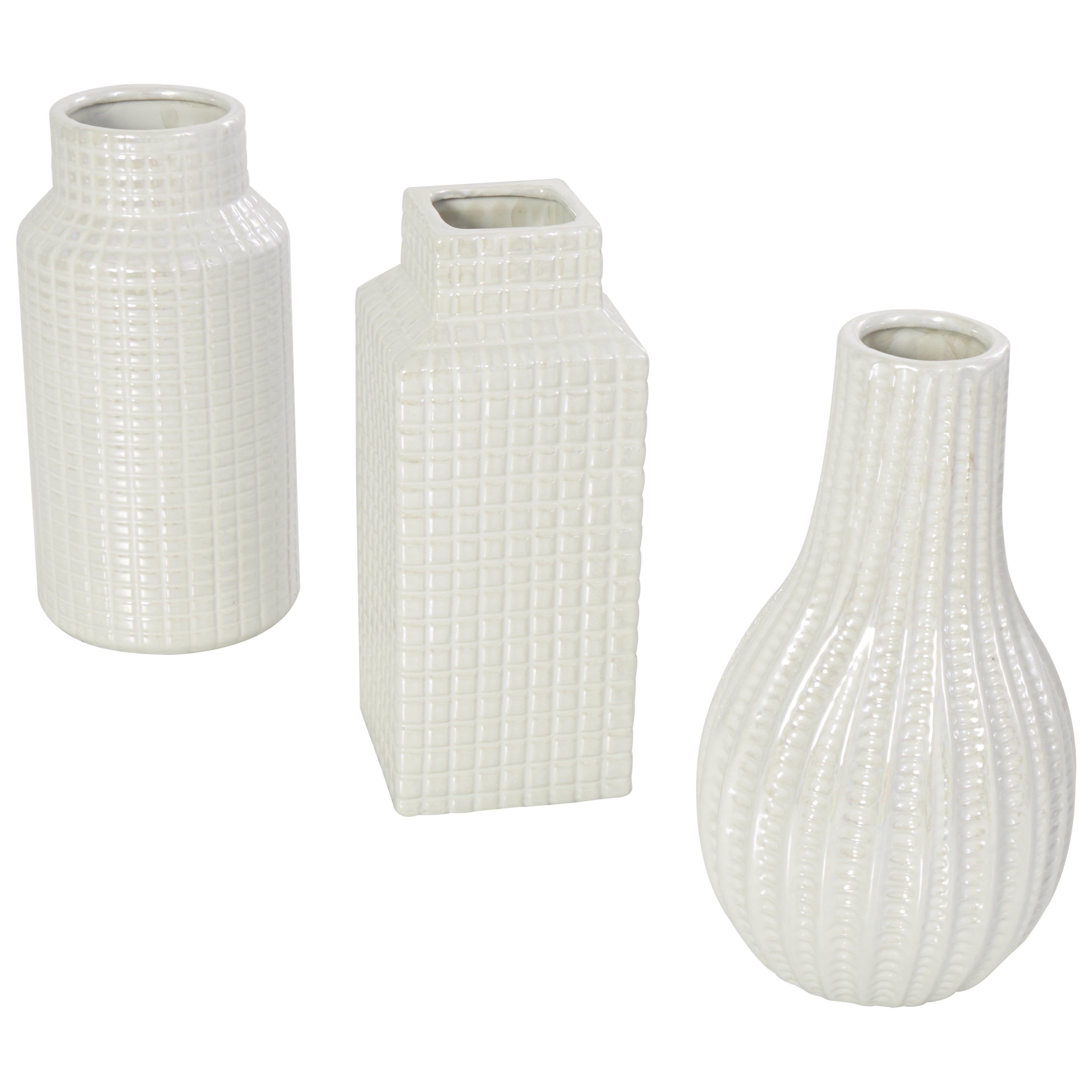 DecMode 3"W, 8"H Geometric Dimensional Textured Cream Ceramic Vase with Varying Shapes and Grid Patterns, Set of 3