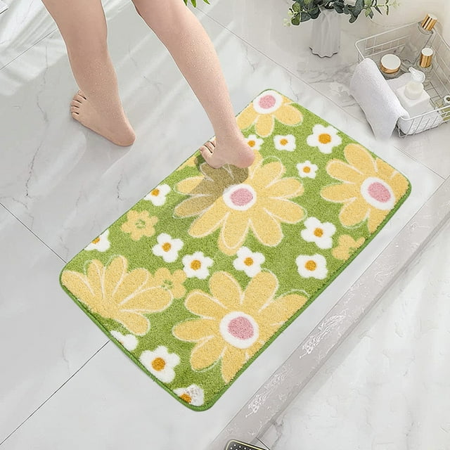 Microfiber Bathroom Floor Mat with Flocked Chrysanthemum Design Non Slip Absorbent Polyester Carpet for Kitchen Bedroom Living Room Easy Wash Machine Washable 23.6x15.7in Rug