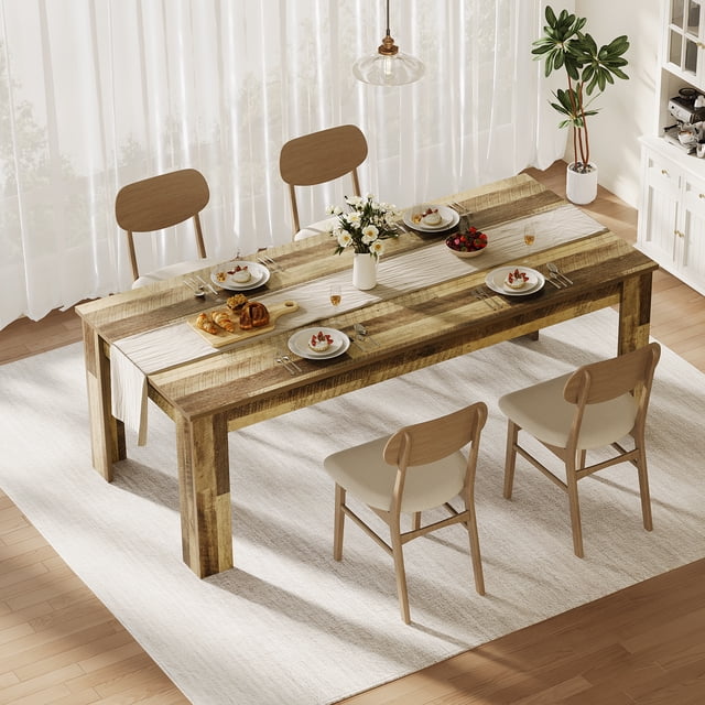 EDTara Farmhouse Dining Table for 6-8, 71" Rectangular Wooden Table With Reinforced Support Base and Triangle Legs, Ideal for Apartments