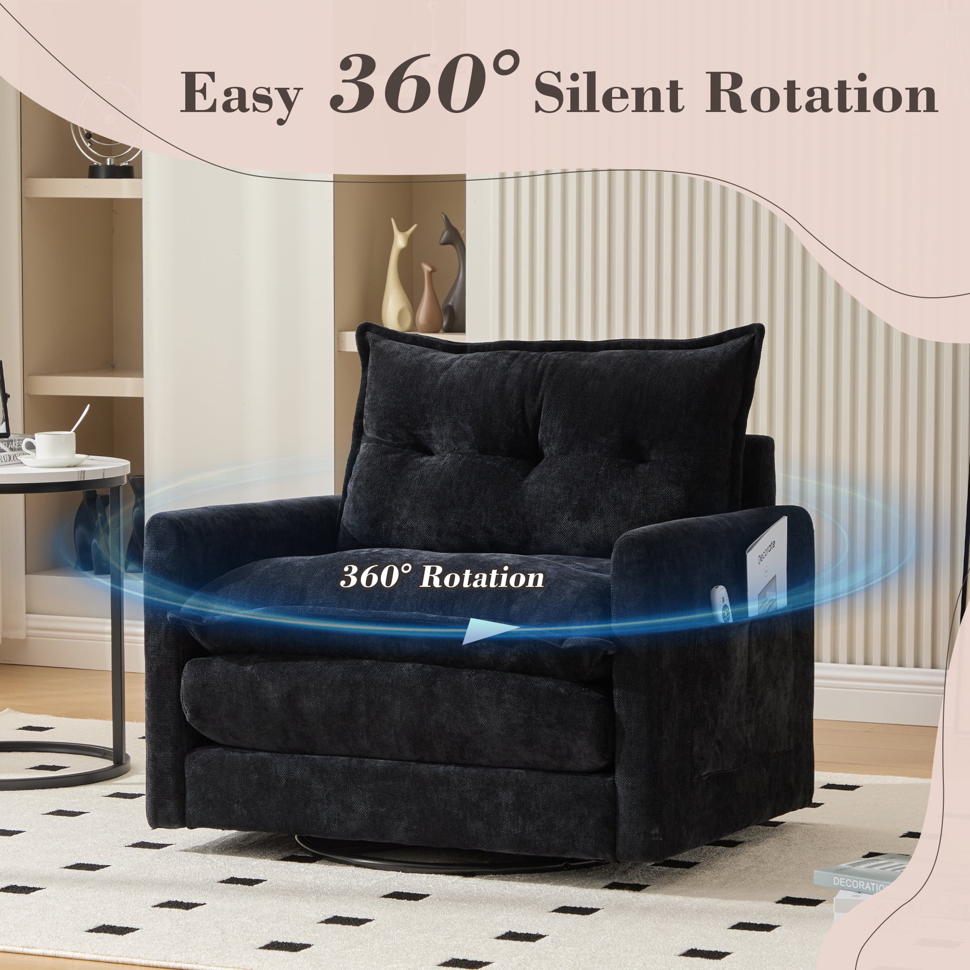 MOONMISS Chenille Upholstered 360°Degree Swivel Mid Century Modern Arm Chair for Living Room-Black