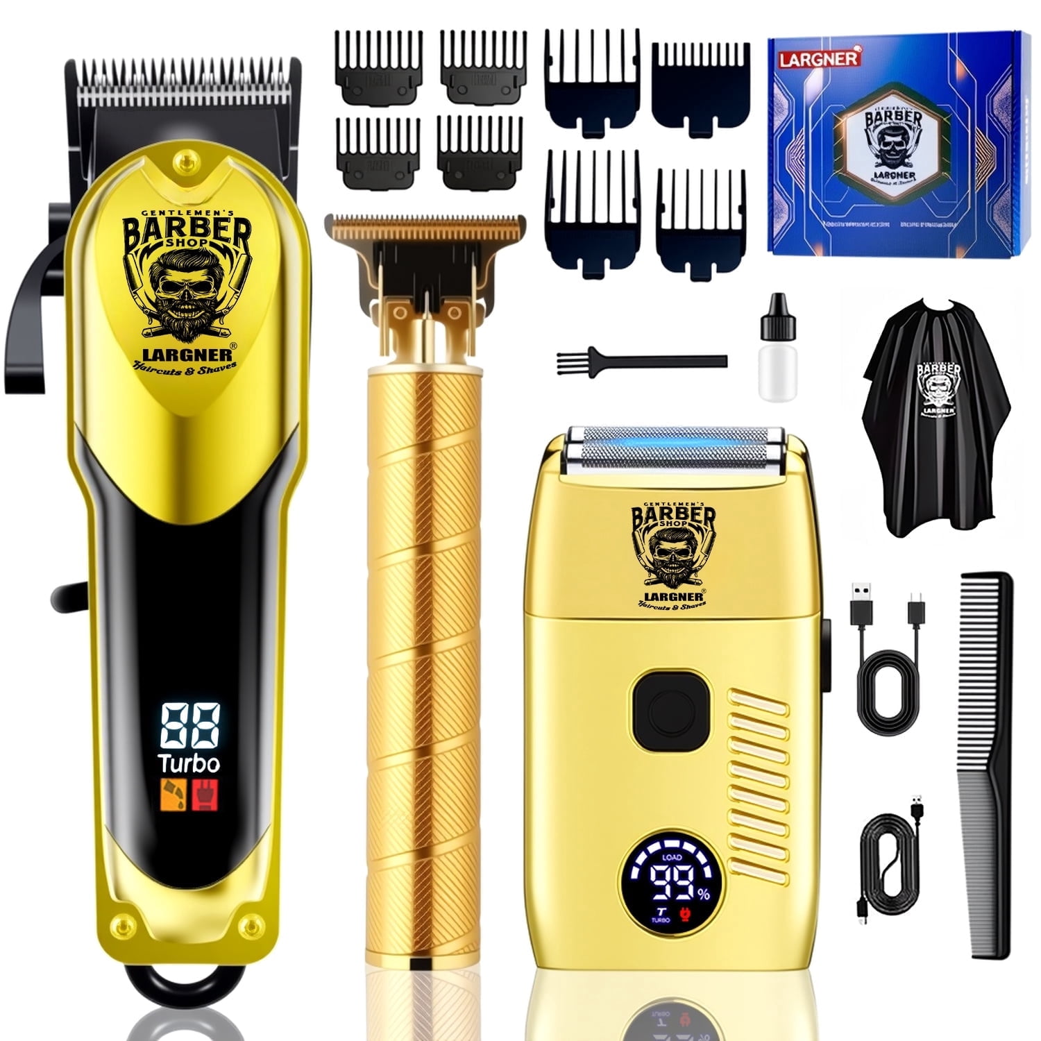 LARGNER 3-in-1 Turbo Hair Clipper Set, Cordless Zero-Gapped Beard Trimmer, Foil Shaver, 18-Piece Barber Grooming Kit, Mens Gift