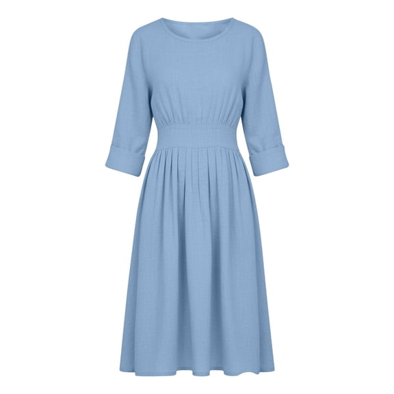 IWRICH Women's Spring Summer Midi Dress Crew Neck Boho Pleated a Line Tiered Flowy Dresses Blue XL