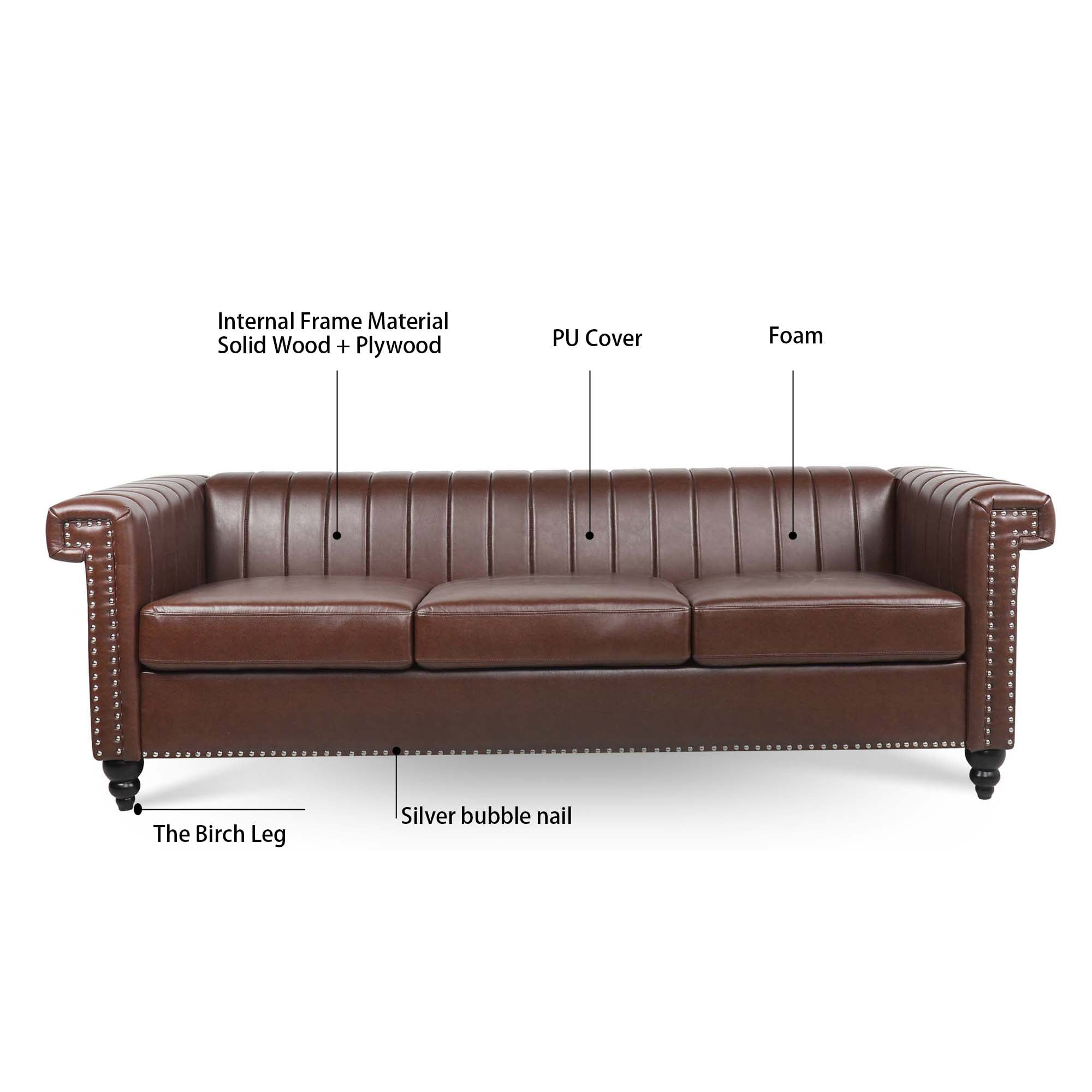Kadyn 83.66" Removable Cushion 3 Seater Sofa, Modern Pu Sofa for Living Room, Upholstered Pu Sofa Couch with Traditional Square Arm, Dark Brown