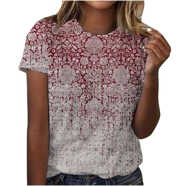 moda de las mujeres casual manga corta impreso cuello redondo suéter suelto top rojo / m