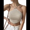 thumbnail image 3 of Top Corto de Punto con Cuello Halter, Sin Mangas y Dobladillo Asimétrico Anudado para Mujer Albaricoque L, 3 of 4