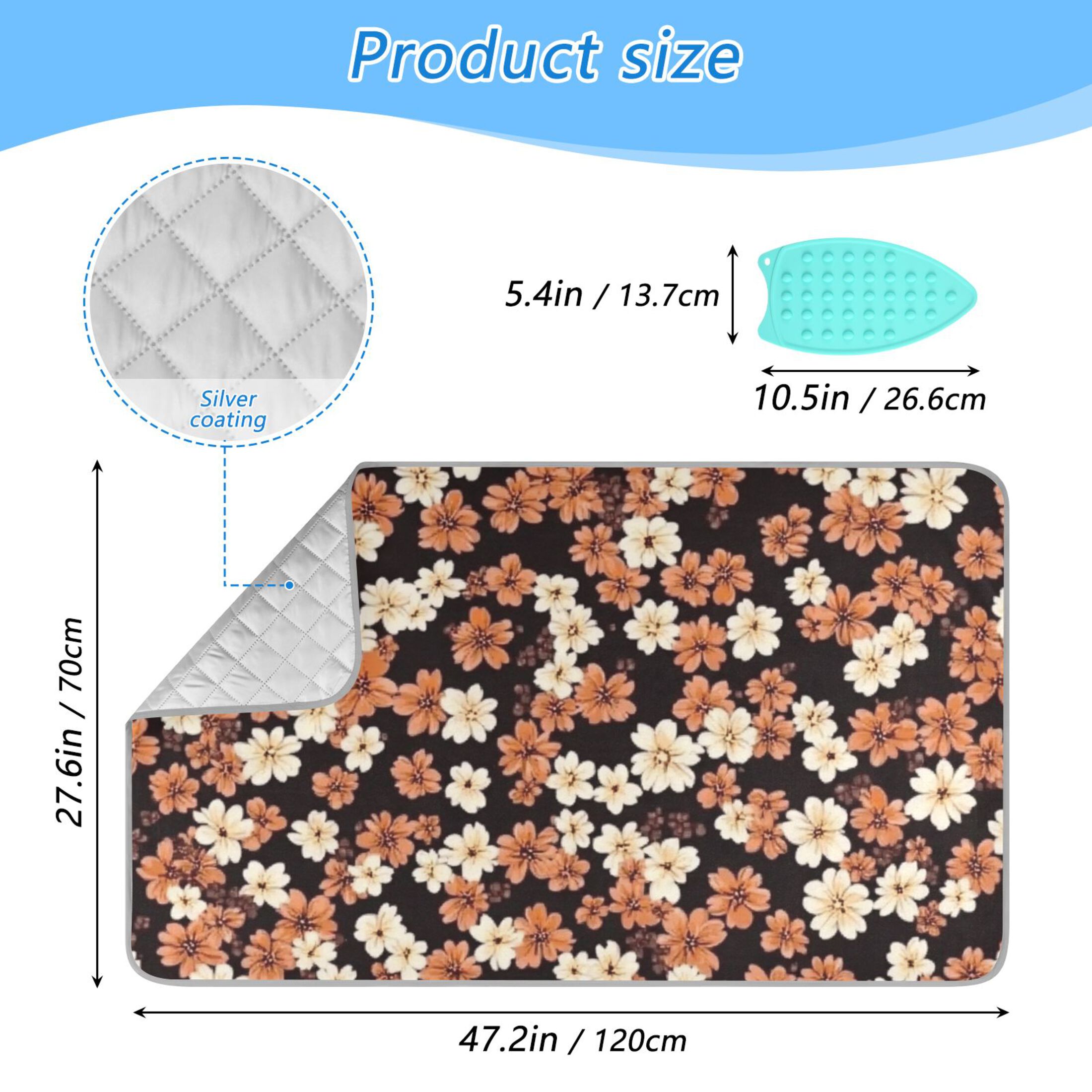 Brown and White Flowers Ironing Mat Blanket for Table Top Travel Portable Ironing Board Pad 47.2x27.6 Inch