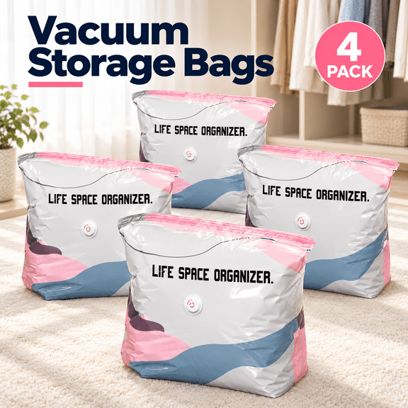 OZERA 4Pcs No Pump Vacuum Storage Bags, Large Space Saving Cube Vacuum Bags for Clothes, Bedding, Comforters and Off‑Season Gear, Pink White