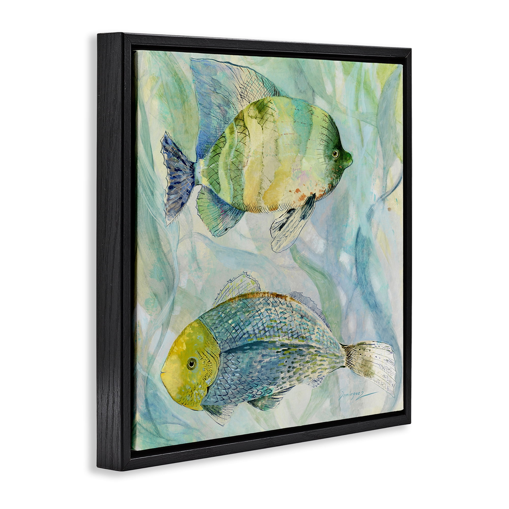 Stupell Industries Sweet Fish Duo Blue Green Black Framed Floater Canvas Wall Art, design by Lorenzo Collective