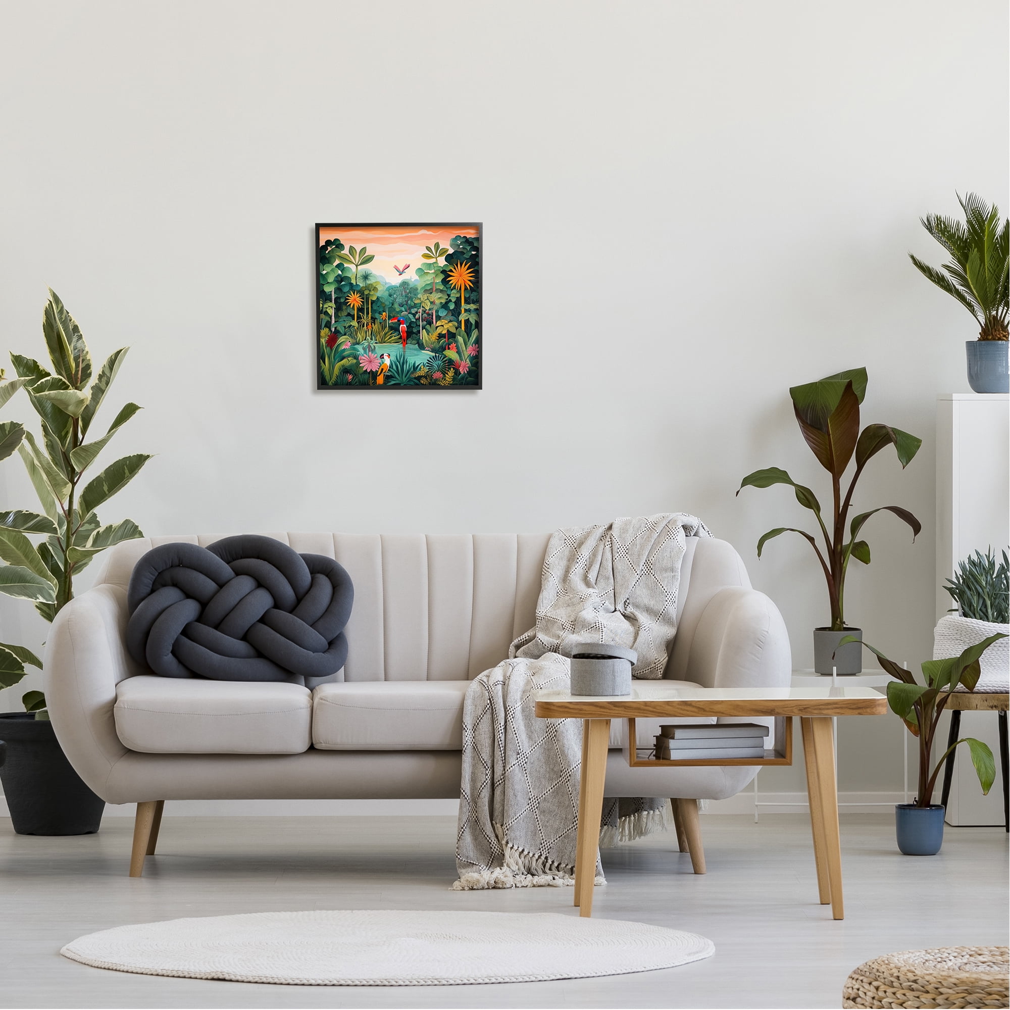 Stupell Industries Parrots & Tropical Pond Landscape Painting Black Framed Art Print Wall Art, 17 x 17