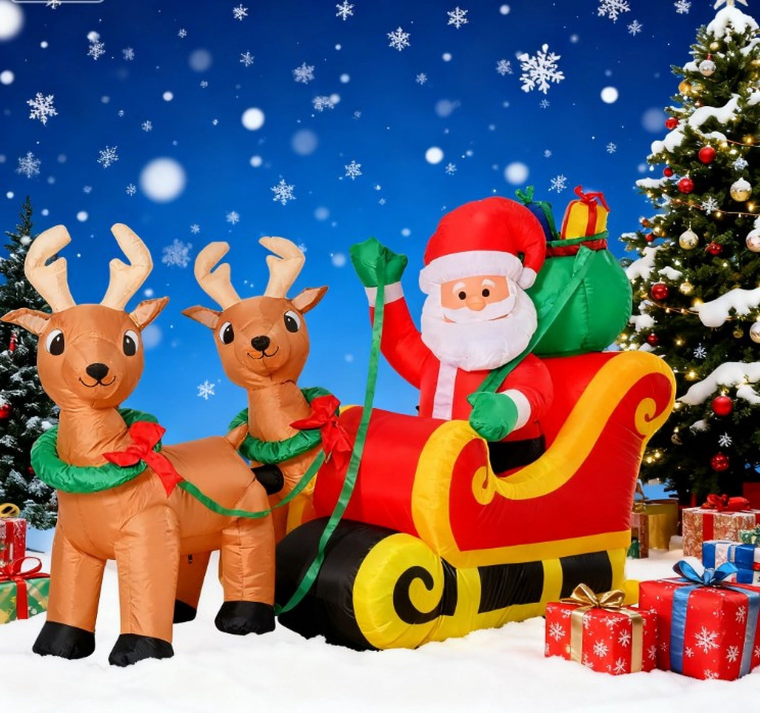 Inflatable Santa Claus with Sleigh and Reindeer Yard Decoration with LED Lights, Red/Yellow, 94.5 x 22.5 x 44 in