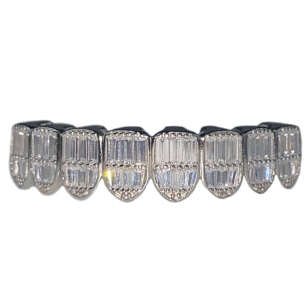 Men's Real Solid 925 Sterling Silver Grillz 8 Tooth Iced CZ Baguettes Eight Bottom Teeth Pre-Made Grills