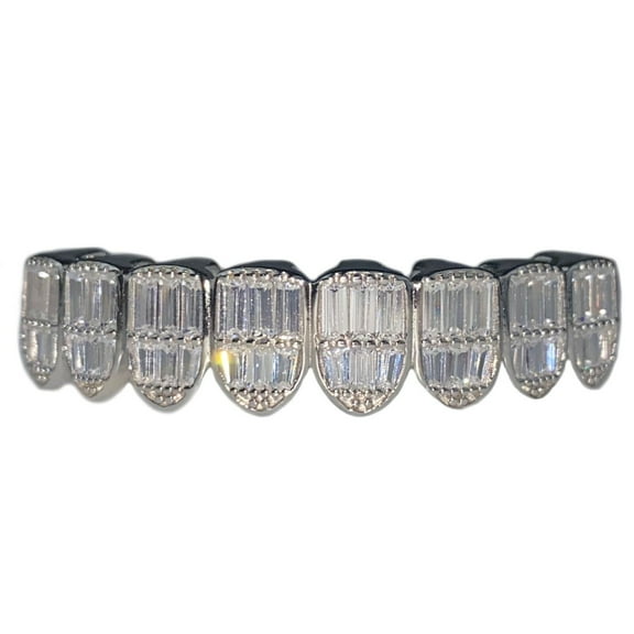 Men's Real Solid 925 Sterling Silver Grillz 8 Tooth Iced CZ Baguettes Eight Bottom Teeth Pre-Made Grills