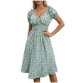 thumbnail image 2 of Dolkfu V-Neck Women Clothing Ditsy Floral Short Sleeve Mid-Length Green Fit & Flare Dresses Regular Garden Vacation Geometric Dresses Green,L, 2 of 6