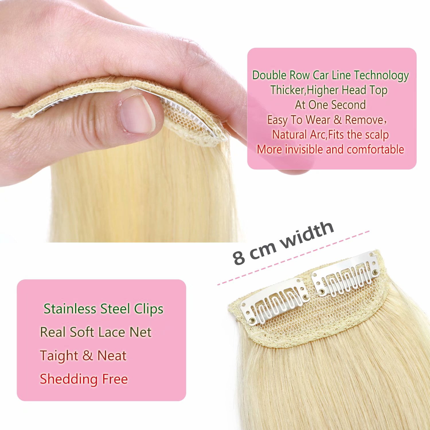 Benehair Clip in 100% Remy Human Hair Extensions Hair Pad Seamless Hairpiece Topper Thickened Soft Thin Hair Blonde 3 Pieces