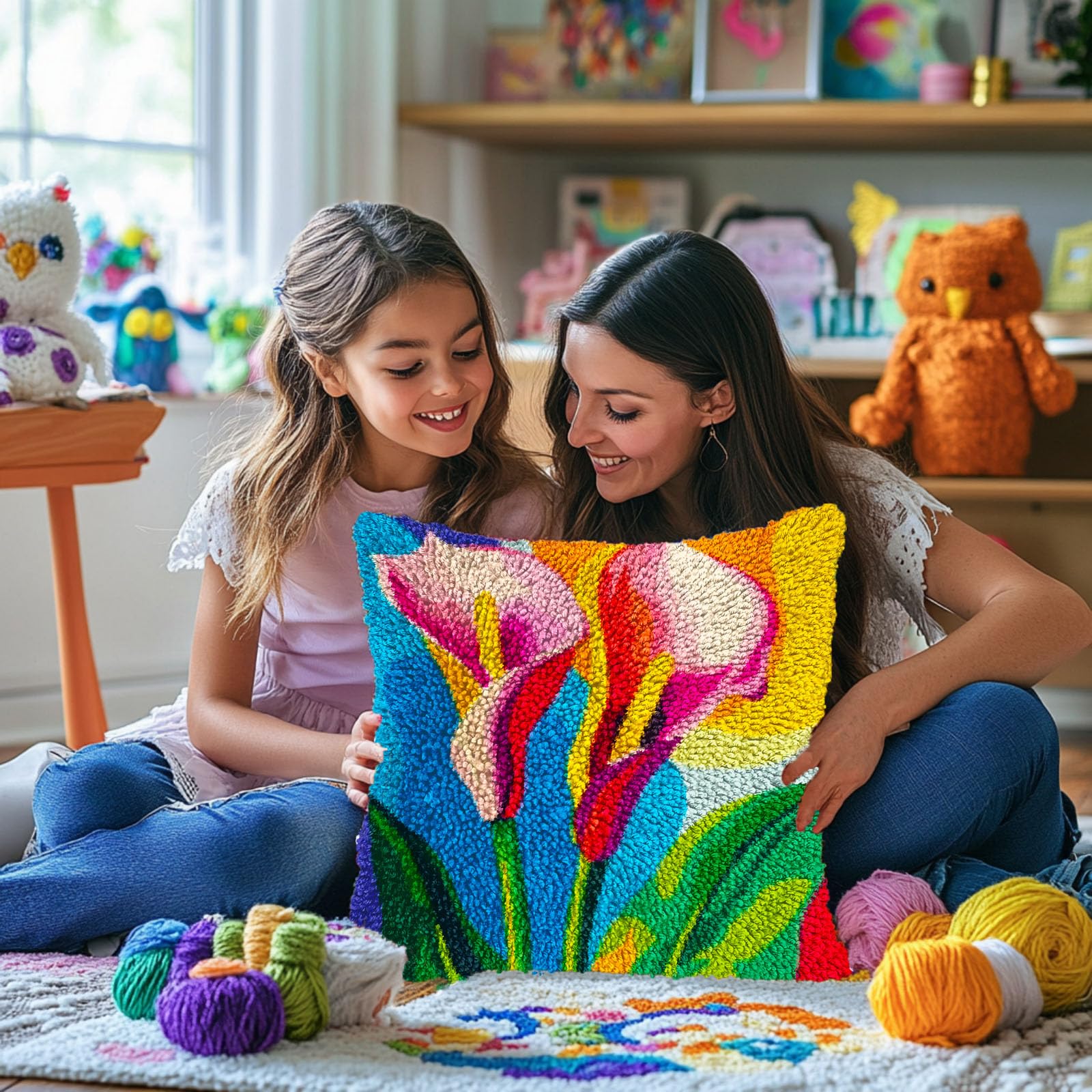 Colored Calla Lily Flower DIY Latch Hook Pillow Kits for Adults Printed Pillowcase Crochet Yarns Hooking Handmade Pillow Cover Cushion for Home Sofa Decoration 17x17inch