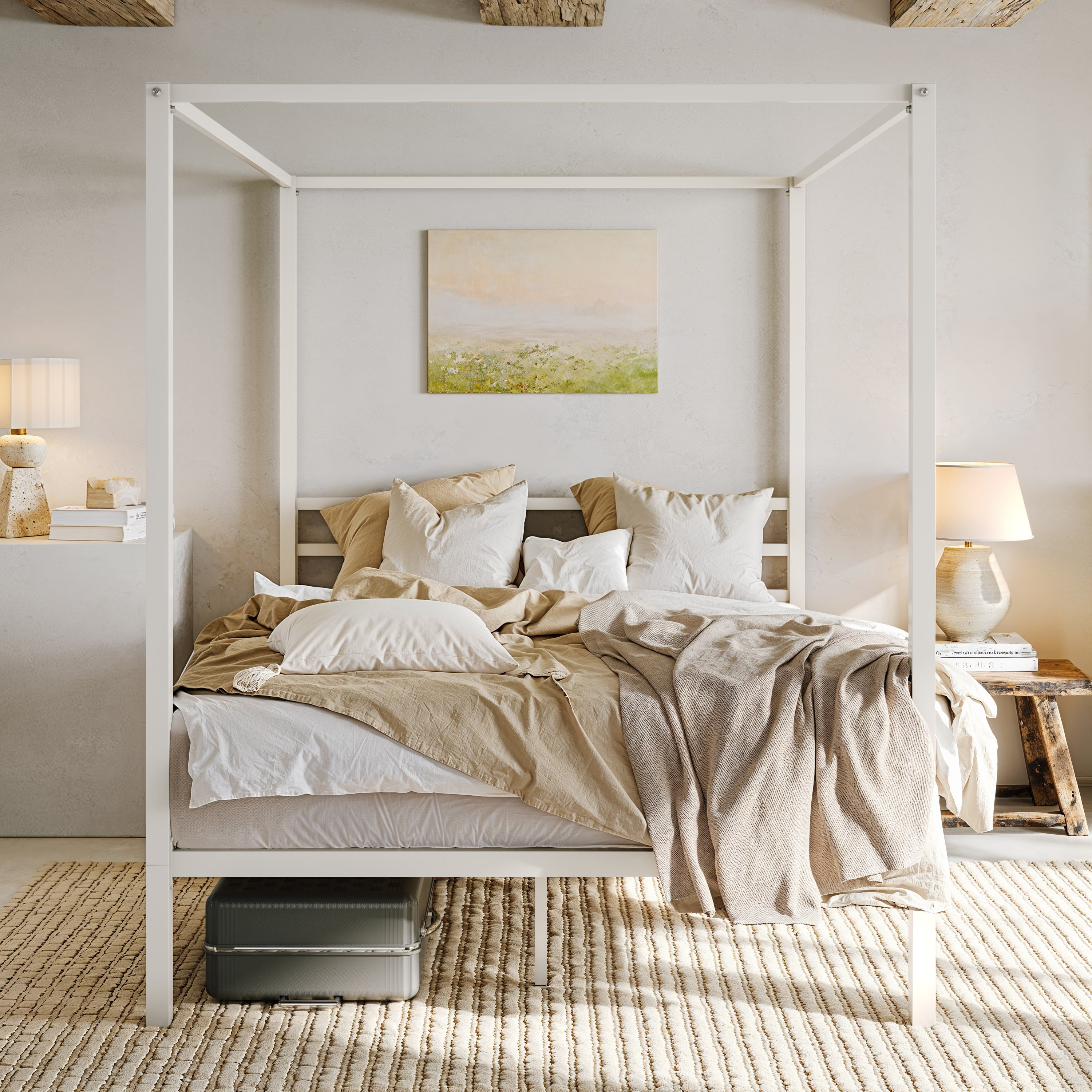 Einfach Full Size Canopy Bed Frame with Metal Headboard, No Box Spring Needed, White