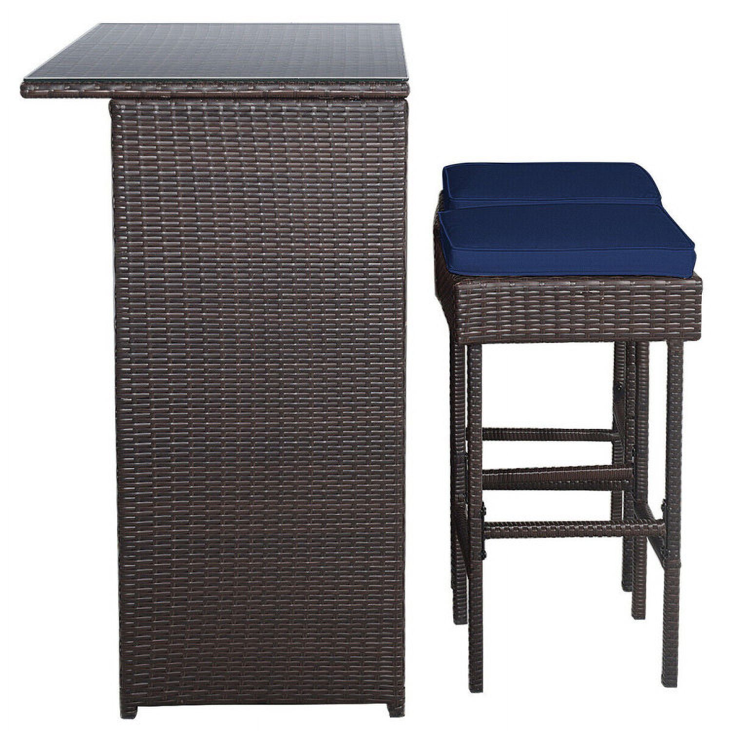 Aimee Lii 3 Pieces Patio Rattan Wicker Bar Table Stools Dining Set, Outdoor Patio Furniture, Navy & Off White Aimee Lii 3 Pieces Patio Rattan Wicker Bar Table Stools Dining Set, Outdoor Patio Furniture, Navy & Off White